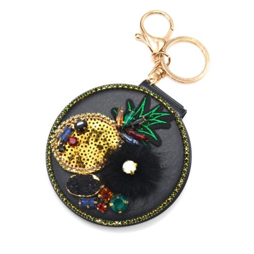 Porte-Cles-Bijou-de-Sac-Miroir-de-Poche-Simili-Cuir-Noir-avec-Ananas-Pompon-et-Pierres-Multicolore