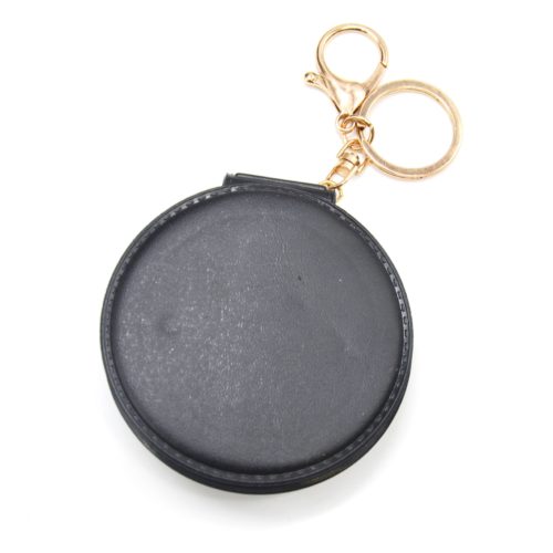 Porte-Cles-Bijou-de-Sac-Miroir-de-Poche-Simili-Cuir-Noir-avec-Ornements-Decor-Multicolore