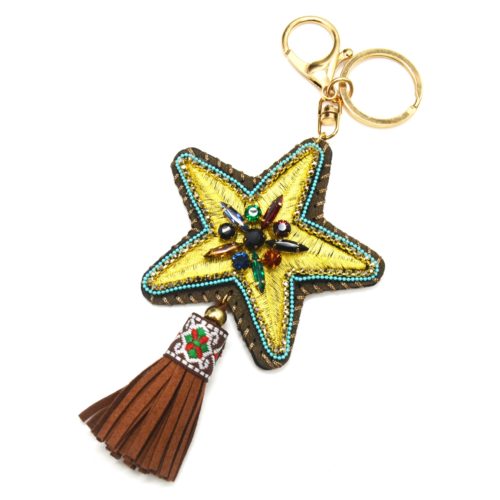 Keychain-jewel-of-bag-Patch-Etoile-with-stones-and-pompom-fringes-Taupe