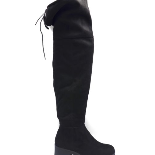 Cuissardes-Bottes-Longues-Effet-Daim-Uni-Noir-avec-Petit-Talon-Carre-et-Lacet