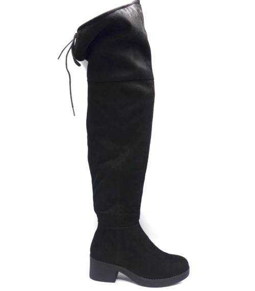 Cuissardes-Bottes-Longues-Effet-Daim-Uni-Noir-avec-Petit-Talon-Carre-et-Lacet