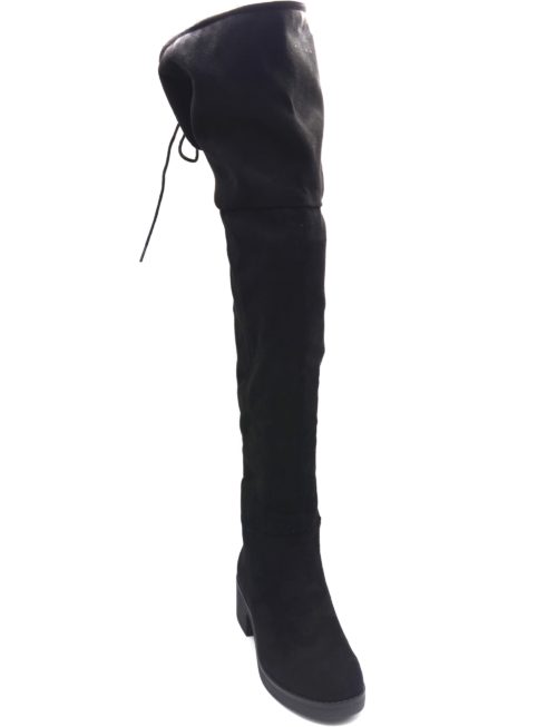 Cuissardes-Bottes-Longues-Effet-Daim-Uni-Noir-avec-Petit-Talon-Carre-et-Lacet