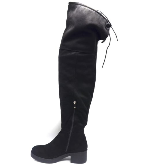 Cuissardes-Bottes-Longues-Effet-Daim-Uni-Noir-avec-Petit-Talon-Carre-et-Lacet