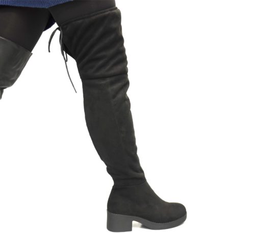 Cuissardes-Bottes-Longues-Effet-Daim-Uni-Noir-avec-Petit-Talon-Carre-et-Lacet