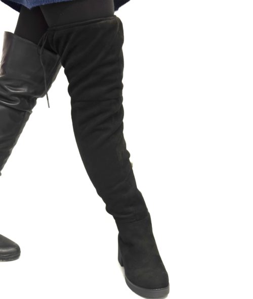 Cuissardes-Bottes-Longues-Effet-Daim-Uni-Noir-avec-Petit-Talon-Carre-et-Lacet