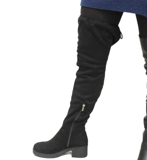 Cuissardes-Bottes-Longues-Effet-Daim-Uni-Noir-avec-Petit-Talon-Carre-et-Lacet