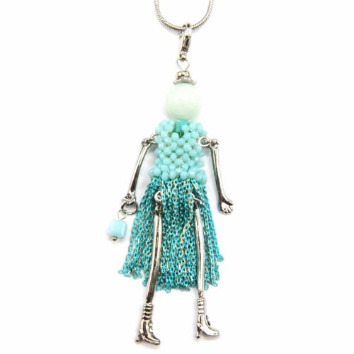 Sautoir-Collier-Pendentif-Poupee-Robe-Perles-et-Chaines-Metal-Turquoise