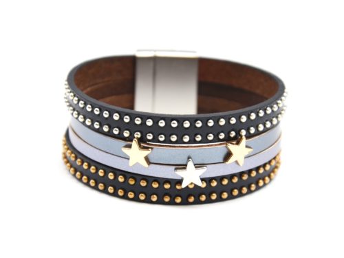 Bracelet-Manchette-Multi-Rangs-Cuir-Noir-avec-Charms-Etoiles-et-Clous-Metal-Dore-Argente