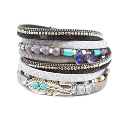 Bracelet-Double-Tour-Multi-Rangs-Ecailles-Strass-Paillettes-Gris-avec-Plume-Ethnique-et-Pierres-Turquoise