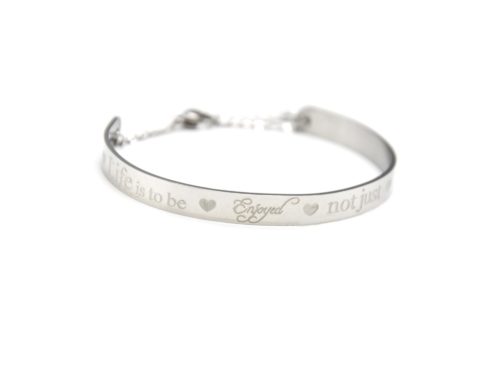 Bracelet-Demi-Jonc-et-Chaine-Acier-Argente-avec-Message-Life-is-to-be-enjoyed-not-just-endured