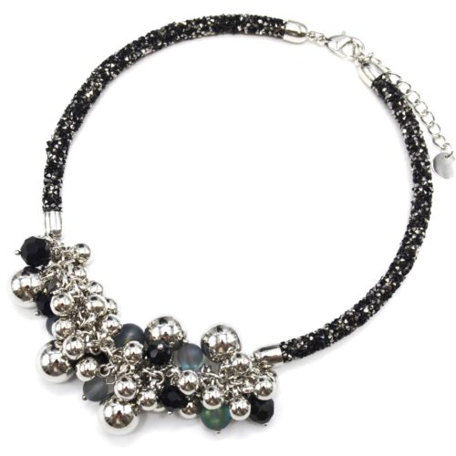 Collier-Ras-du-Cou-Clous-Brillants-Noir-Gris-avec-Grappe-de-Perles-et-Boules-Metal-Argente