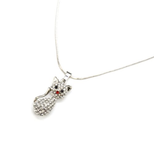 Collier-Fine-Chaine-et-Pendentif-Chat-Chaton-Relief-Metal-Strass-Argente