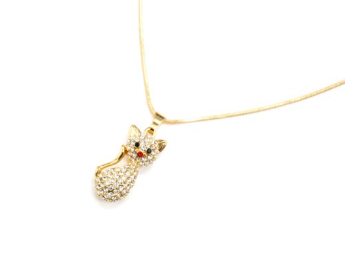 Collier-Fine-Chaine-et-Pendentif-Chat-Chaton-Relief-Metal-Strass-Dore