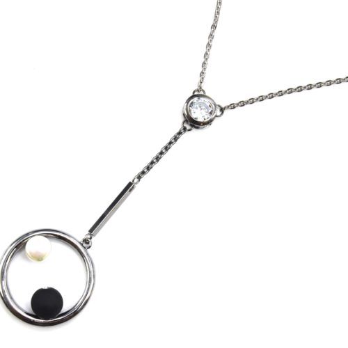 Sautoir-Collier-Pendentif-Y-Pierre-Zirconium-et-Cercle-Contour-Metal-Gris-avec-Perles