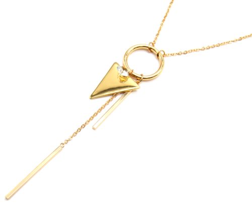 Sautoir-Collier-Pendentif-Cercle-Ouvert-avec-Pierre-Zirconium-Triangle-et-Barres-Metal-Dore