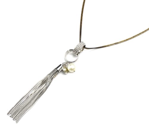 Sautoir-Collier-Pendentif-Anneaux-Strass-Metal-Argente-avec-Perle-et-Chaines