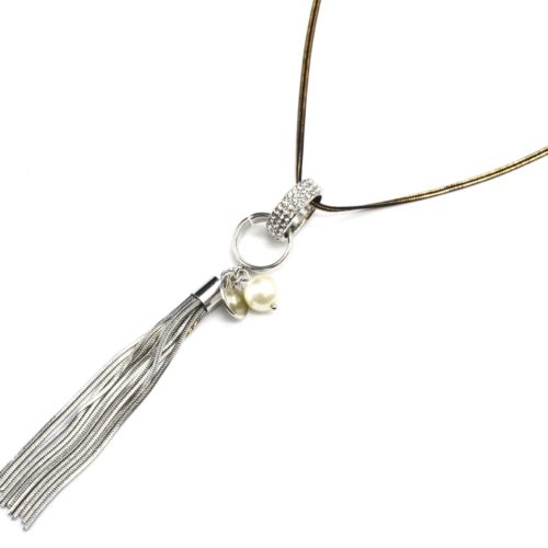 Sautoir-Collier-Pendentif-Anneaux-Strass-Metal-Argente-avec-Perle-et-Chaines