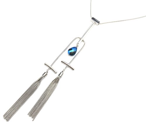 Sautoir-Collier-Pendentif-Pierre-Bleue-avec-Pompons-Chaines-Metal-Argente