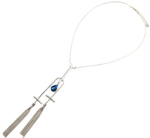 Sautoir-Collier-Pendentif-Pierre-Bleue-avec-Pompons-Chaines-Metal-Argente