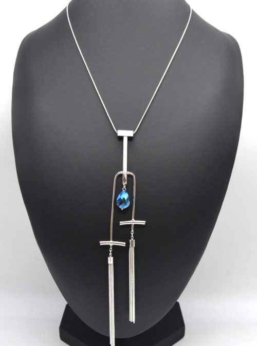 Sautoir-Collier-Pendentif-Pierre-Bleue-avec-Pompons-Chaines-Metal-Argente