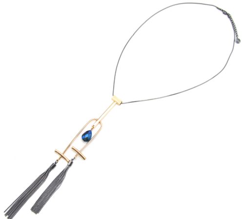 Sautoir-Collier-Pendentif-Pierre-Bleue-avec-Pompons-Chaines-Metal-Gris-et-Dore