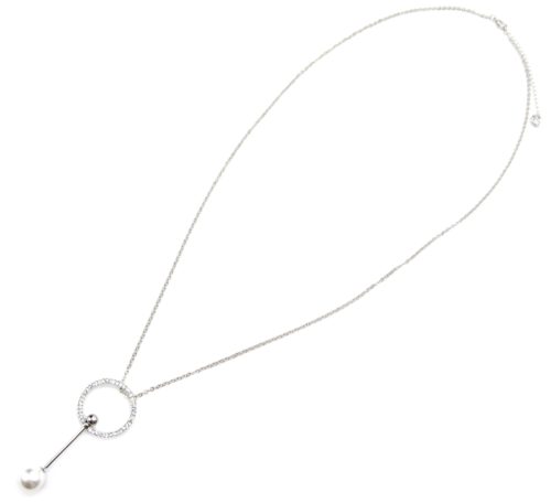 Sautoir-Collier-Pendentif-Cercle-Contour-Strass-Argente-avec-Perle-Blanche