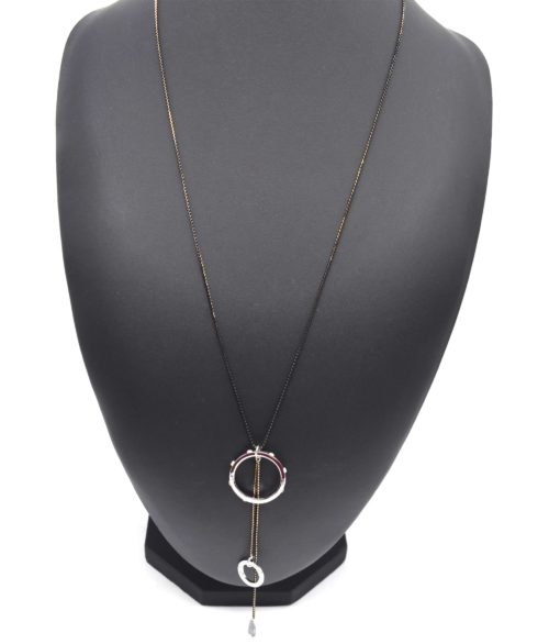 Sautoir-Collier-Chaine-Metal-Noir-Pendentif-Cercles-Contour-Strass-Argente-et-Pierre