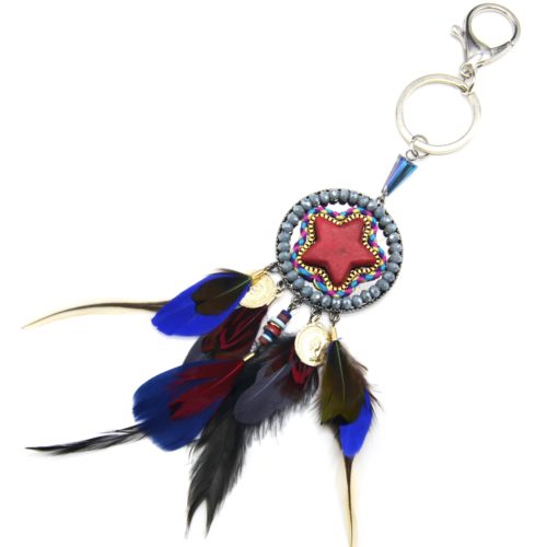 Porte-Cles-Bijou-de-Sac-Etoile-Pierre-Rouge-avec-Perles-et-Plumes-Multicolore