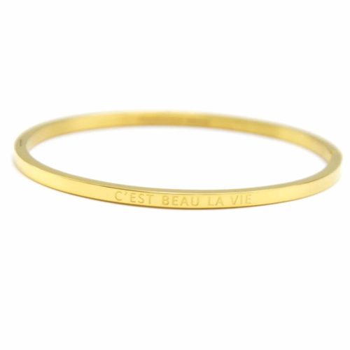 Bracelet-Jonc-Fin-Acier-Dore-avec-Message-Cest-Beau-La-Vie