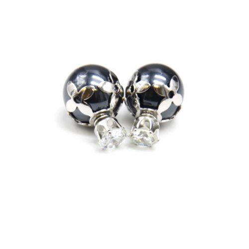 Earrings-Earrings-Double-fashion-stone-dome-flowers-Metal-silver-and-pearl-mother-of-pearl-Black