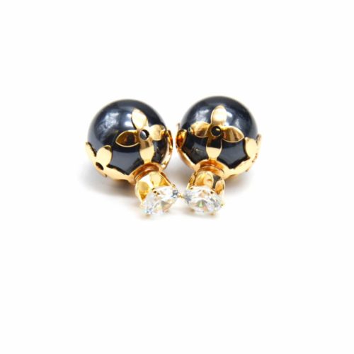 Earrings-Earrings-Double-Mode-stone-dome-flowers-Metal-Dore-and-pearl-mother-of-pearl-Black