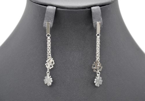 Boucles-dOreilles-Pendantes-Rectangle-Double-Chaine-et-Trefles-Acier-Argente