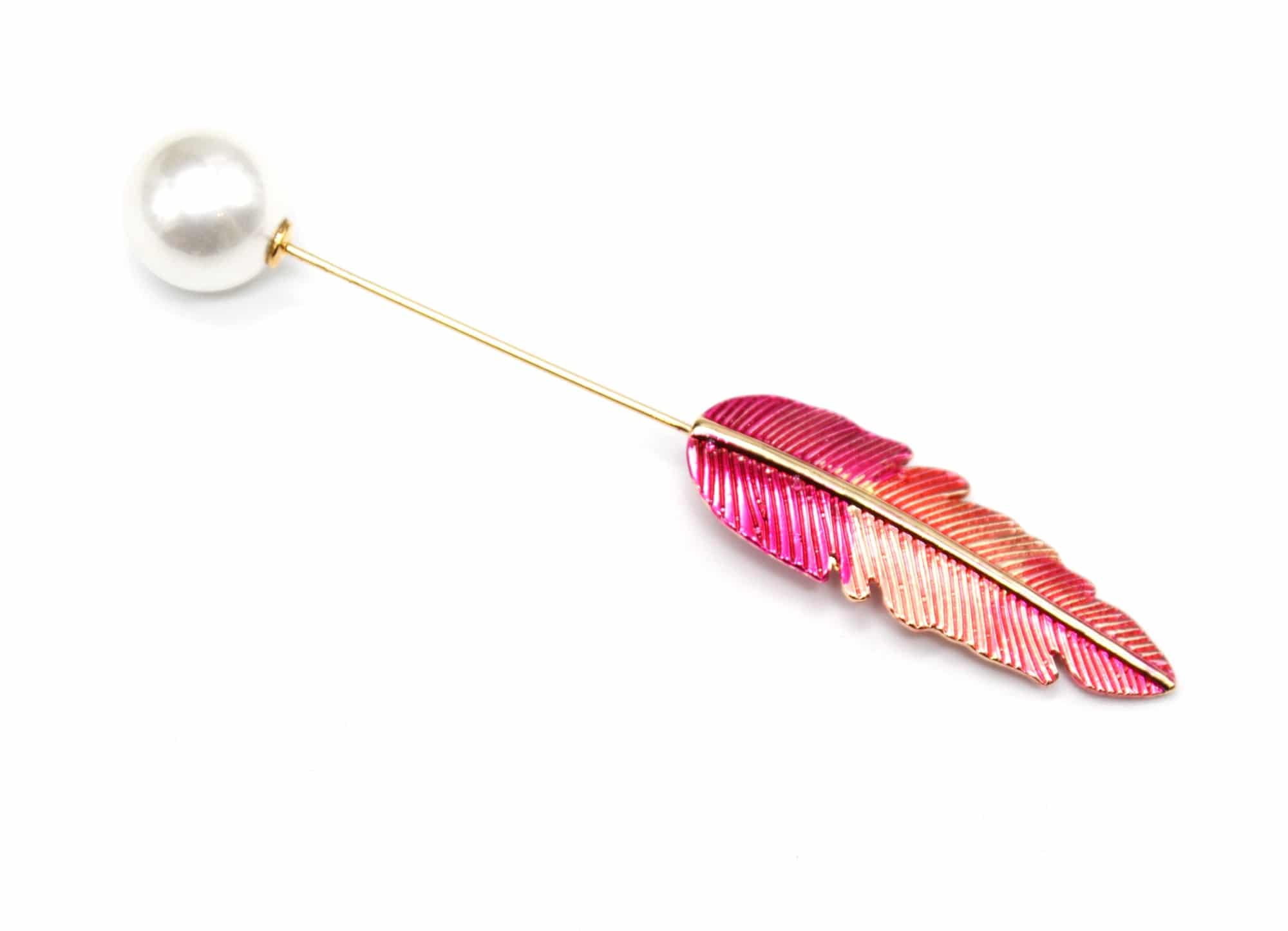 Broche-Epingle-avec-Plume-Ethnique-Metal-Degrade-Corail-et-Perle-Ecru