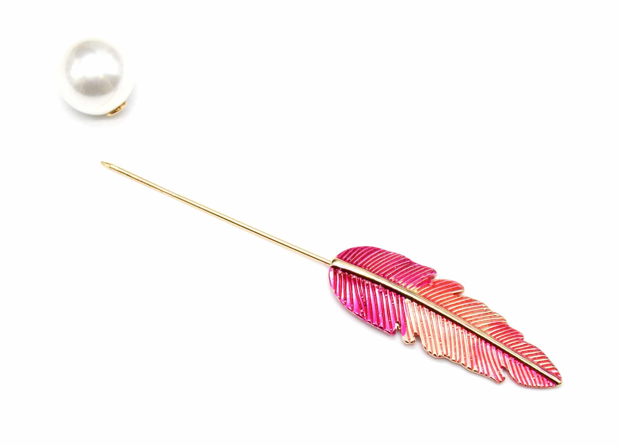 Broche-Epingle-avec-Plume-Ethnique-Metal-Degrade-Corail-et-Perle-Ecru