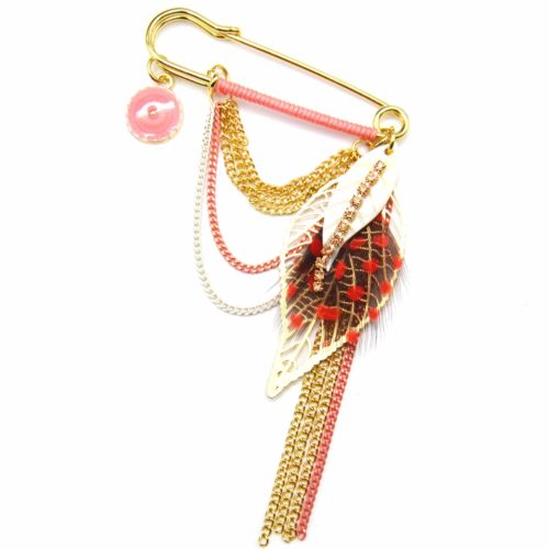 Broche-Epingle-Metal-Dore-avec-Multi-Chaines-et-Plumes-Ethnique-Corail