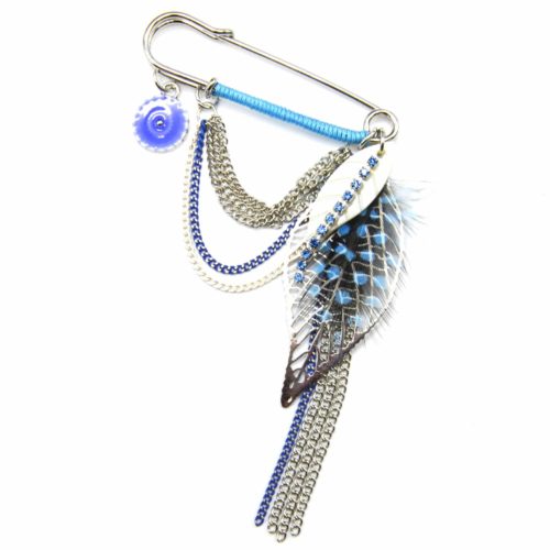 Broche-Epingle-Metal-Argente-avec-Multi-Chaines-et-Plumes-Ethnique-Bleu