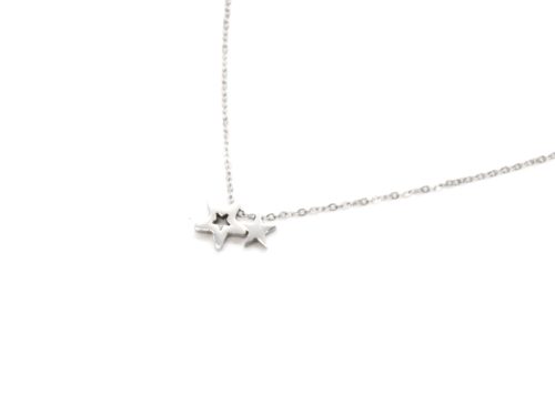 Collier-Fine-Chaine-Pendentif-Double-Mini-Etoiles-Acier-Argente