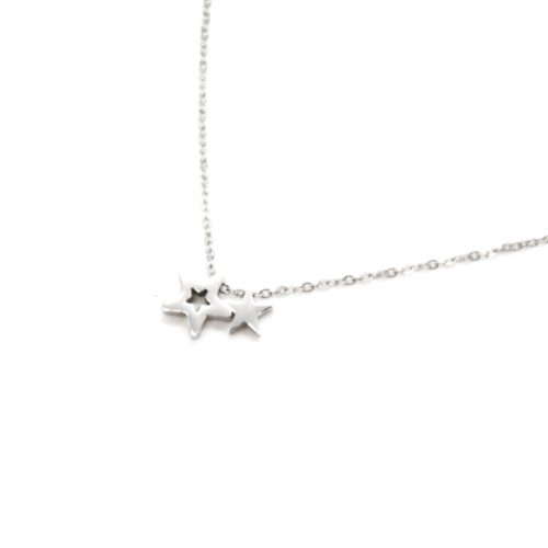 Collier-Fine-Chaine-Pendentif-Double-Mini-Etoiles-Acier-Argente