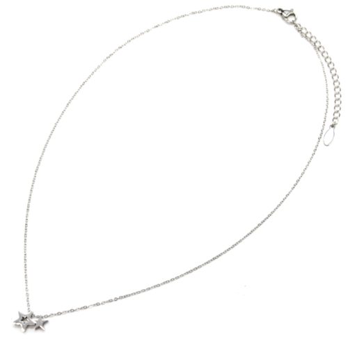 Collier-Fine-Chaine-Pendentif-Double-Mini-Etoiles-Acier-Argente