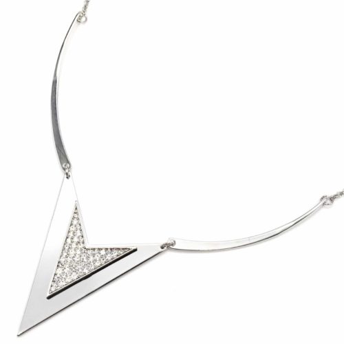 Collier-Plastron-Fine-Chaine-avec-Triangle-Chevron-Metal-Strass-Argente