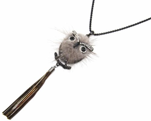 Sautoir-Collier-Pendentif-Chouette-Hibou-Strass-et-Pompon-Gris-avec-Chaines