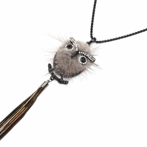 Sautoir-Collier-Pendentif-Chouette-Hibou-Strass-et-Pompon-Gris-avec-Chaines