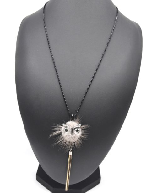 Sautoir-Collier-Pendentif-Chouette-Hibou-Strass-et-Pompon-Gris-avec-Chaines