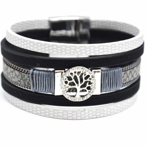 Bracelet-Manchette-Multi-Rangs-Ecailles-Simili-Cuir-Gris-et-Charm-Arbre-de-Vie-Strass