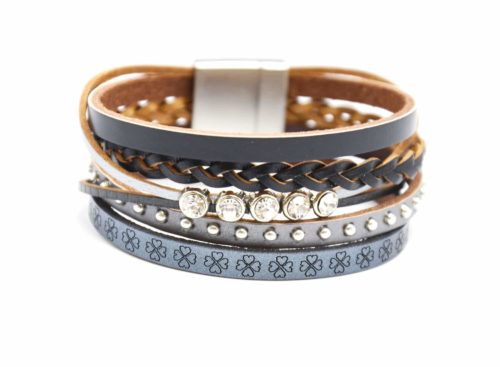 Bracelet-Manchette-Multi-Rangs-Cuir-Motif-Trefles-Noir-avec-Tresse-Pierres-et-Clous-Metal-Argente