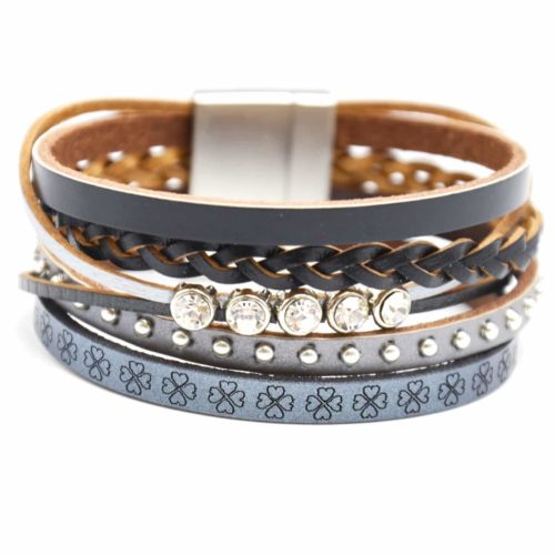 Bracelet-Manchette-Multi-Rangs-Cuir-Motif-Trefles-Noir-avec-Tresse-Pierres-et-Clous-Metal-Argente