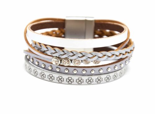 Bracelet-Manchette-Multi-Rangs-Cuir-Motif-Trefles-Gris-avec-Tresse-Pierres-et-Clous-Metal-Argente