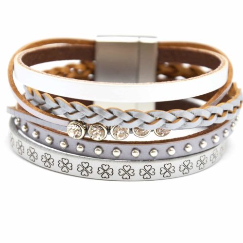 Bracelet-Cuff-Multi-rows-leather-Motif-Trefles-grey-with-braid-stones-and-nails-Metal-Silver