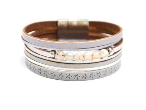 Bracelet-Manchette-Multi-Rangs-Cuir-Motif-Etoiles-Gris-avec-Pierres