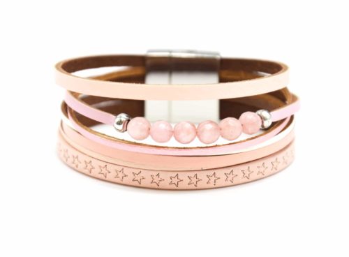 Bracelet-Manchette-Multi-Rangs-Cuir-Motif-Etoiles-Rose-avec-Pierres